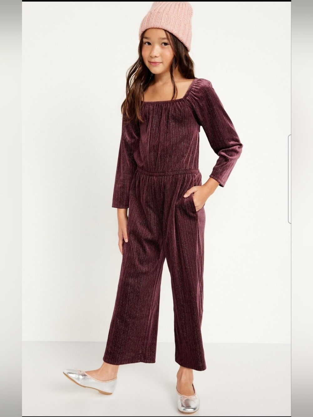 Old Navy Girls 6-7 Velvet Sparkle Jumpsuit Burgundy Bow Back Holiday